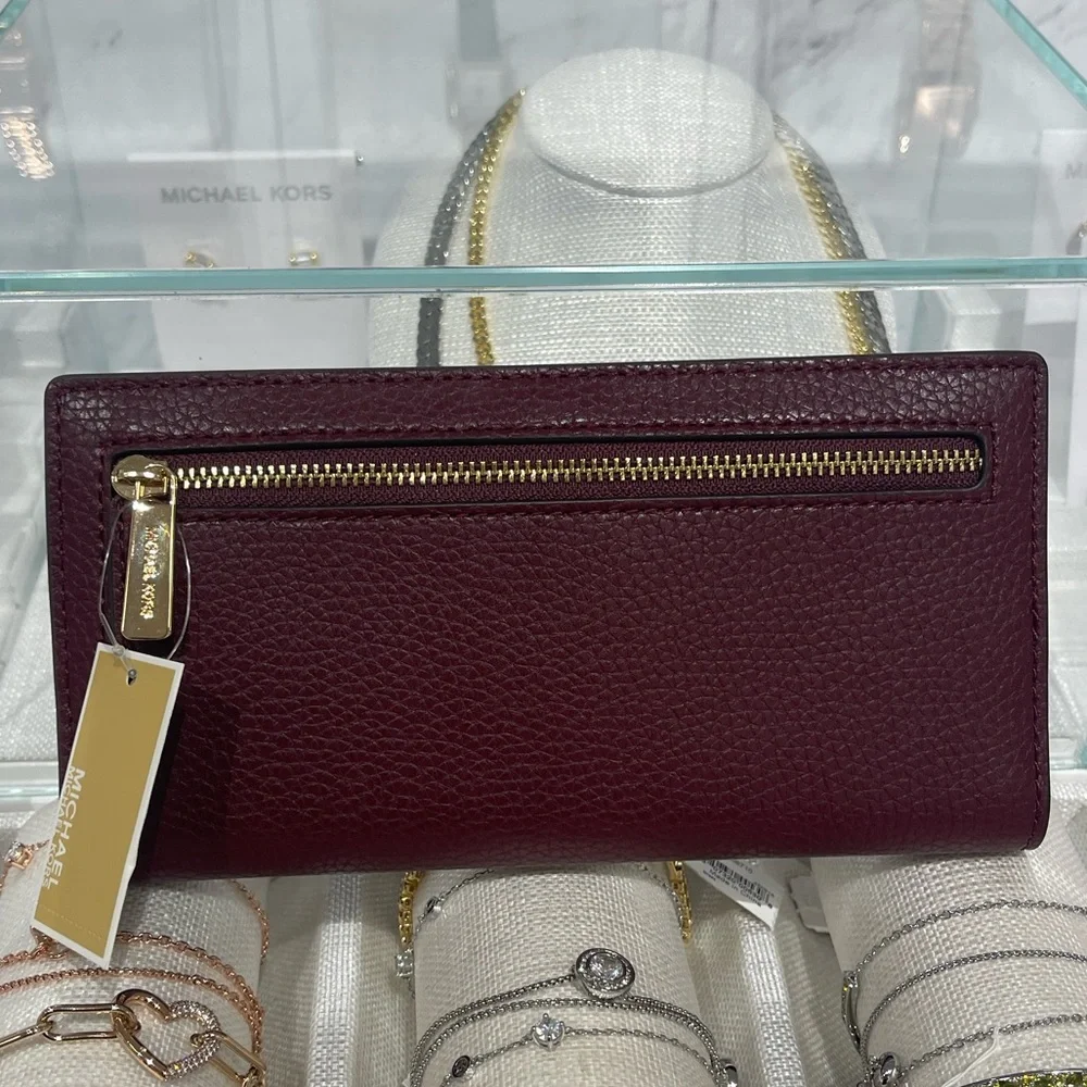 Michael Kors Reed Lg Bifold Pebbled Leather Snap Wallet Card Case Oxblood NWT